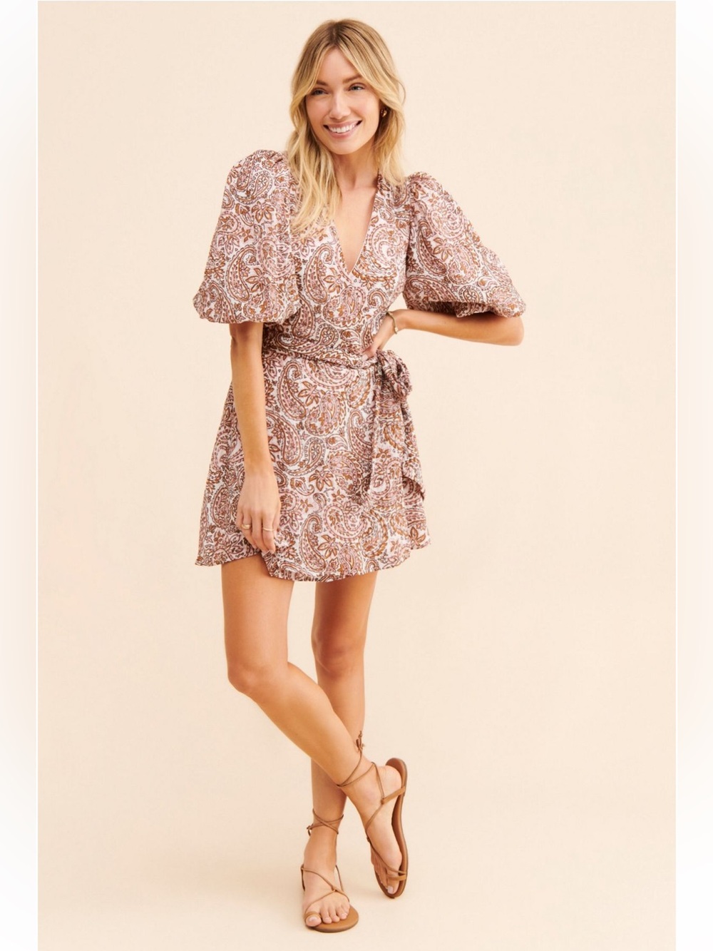 MINKPINK Jedda Wrap Mini Dress Size Small Brown Pink Paisley